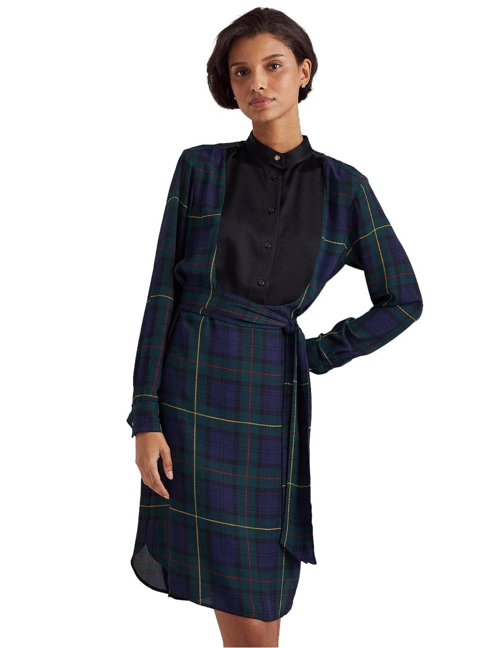 Lauren Ralph Lauren Blue/Black Plaid Shirt Dress 14 Collared Bib Tartan No Belt